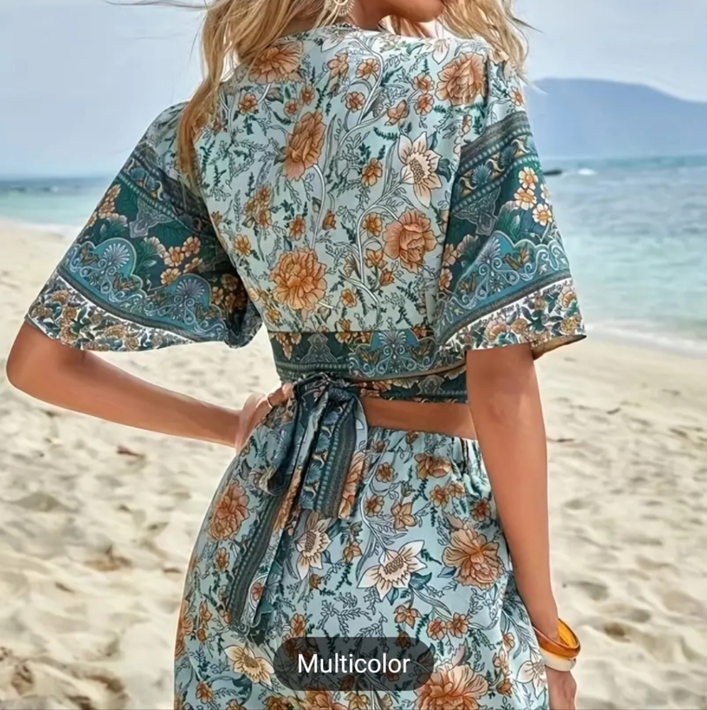 Boho Two Piece Set Blue Teal Floral Wide-Leg Pant Wrap Top - Picture 4 of 5